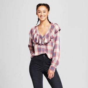 Western boho ruffle shoulder plaid button down MD
